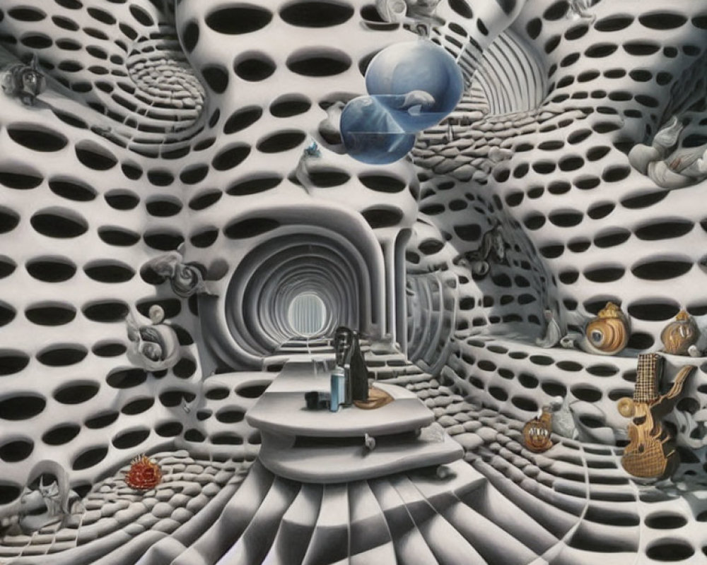 Surrealistic room with optical illusion patterns and floating spheres