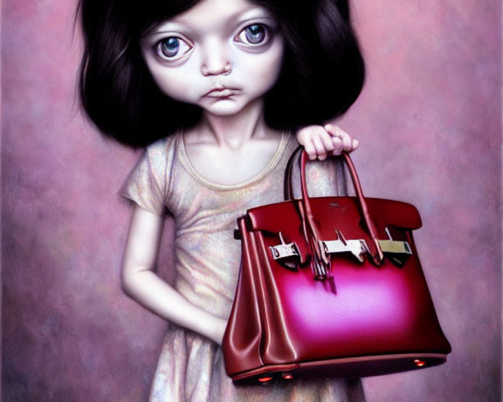 Wide-eyed girl with dark hair holding red handbag on soft pink background