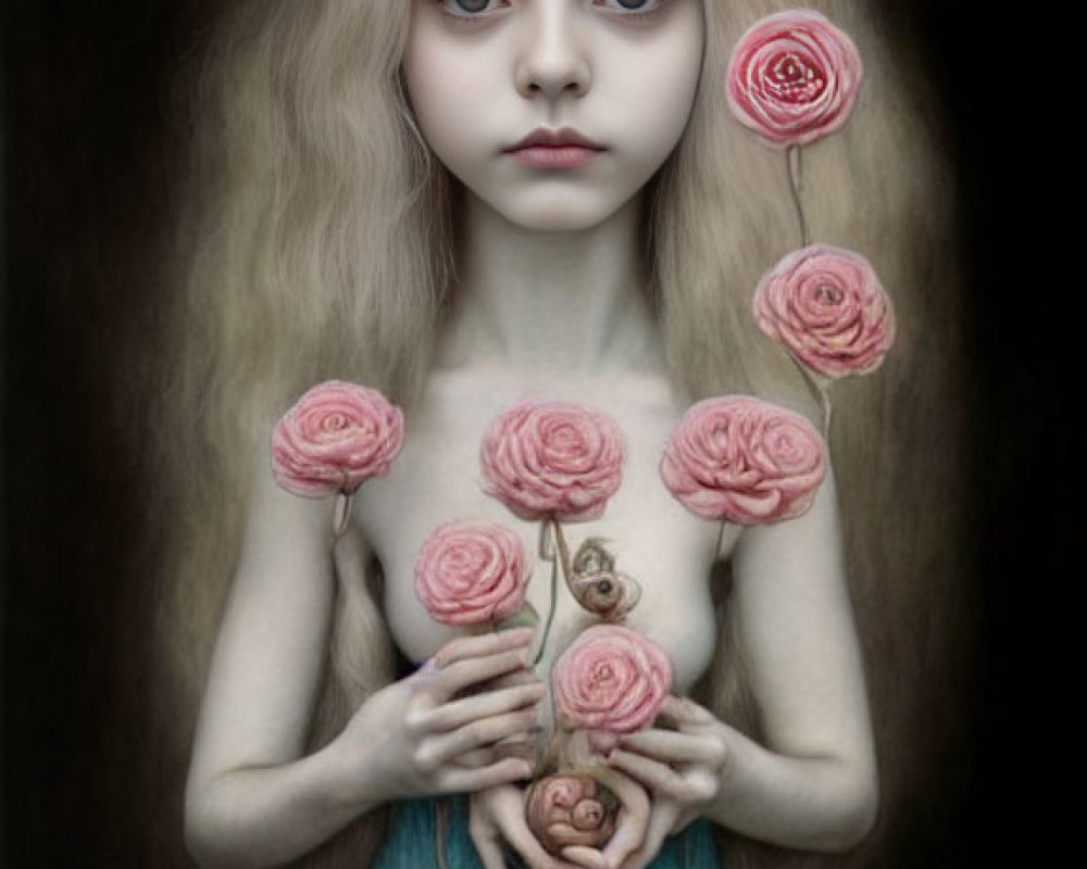 Pale girl with roses growing from her body on dark background