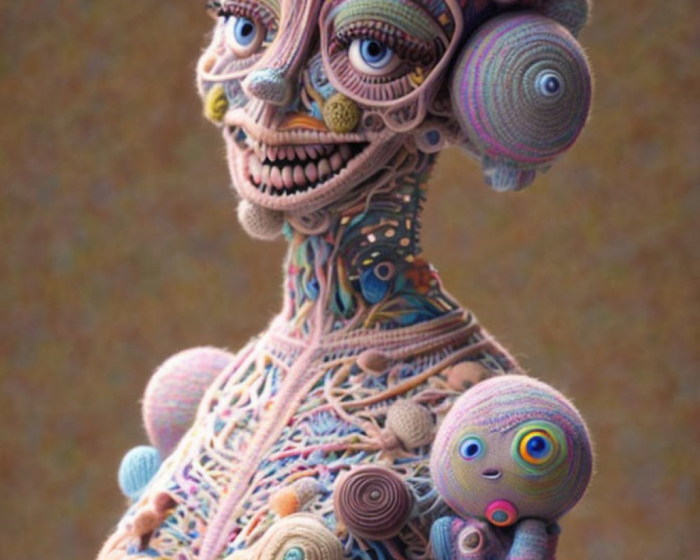 Colorful Textured Sculpture of Surreal Skeletal Figure with Multiple Eyes Holding Small Creature