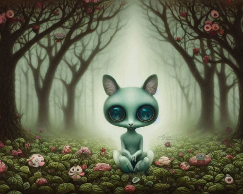 Large-eyed creature in mystical forest with pink-eyed trees and flowers