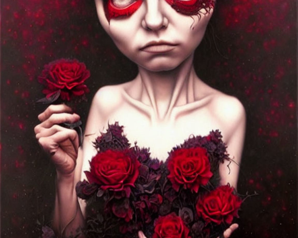 Gothic-style illustration: Pale girl with red irises holding roses