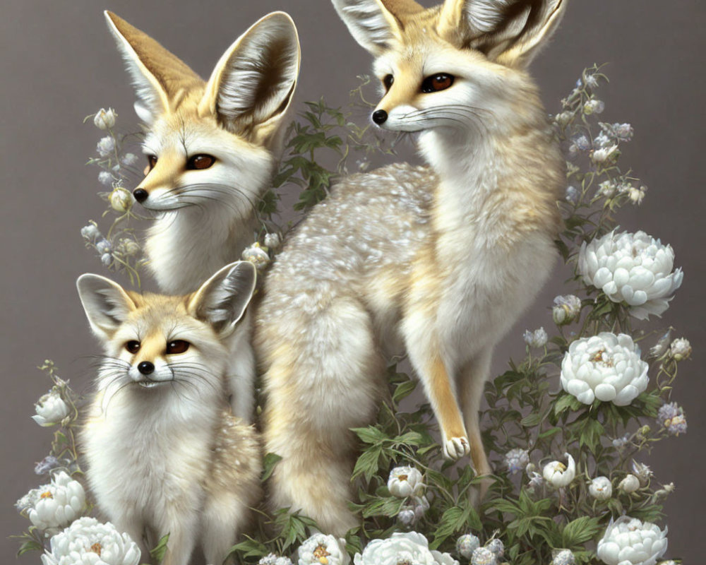 Realistic fennec foxes with large ears in white flower setting