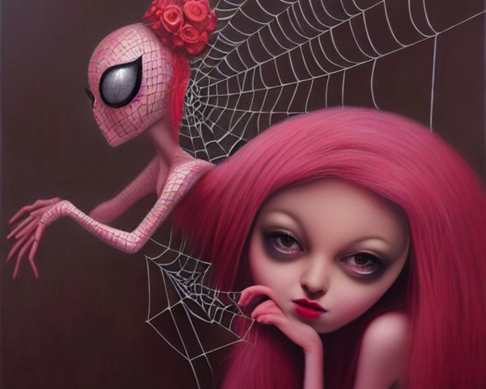 Surreal creature with spider body and human-like head in pink hair on web background