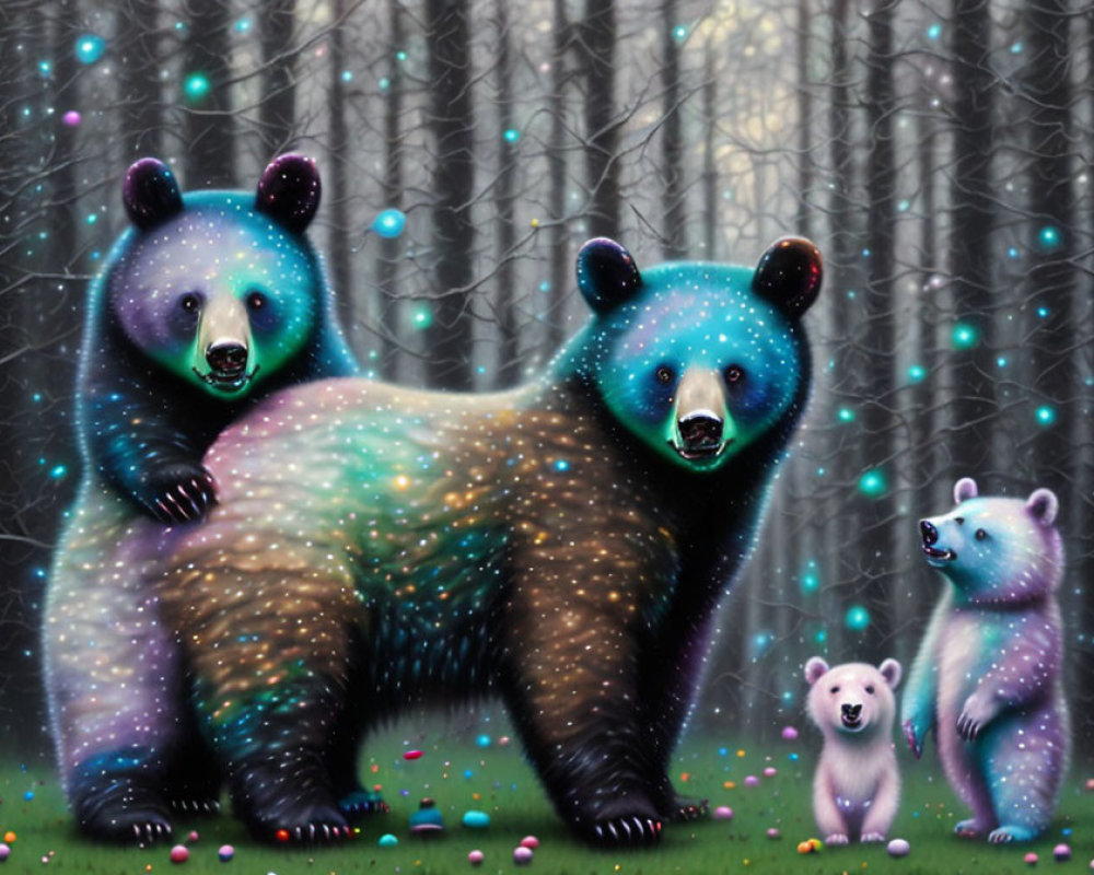 Colorful Galaxy-Patterned Bears in Mystical Forest Setting