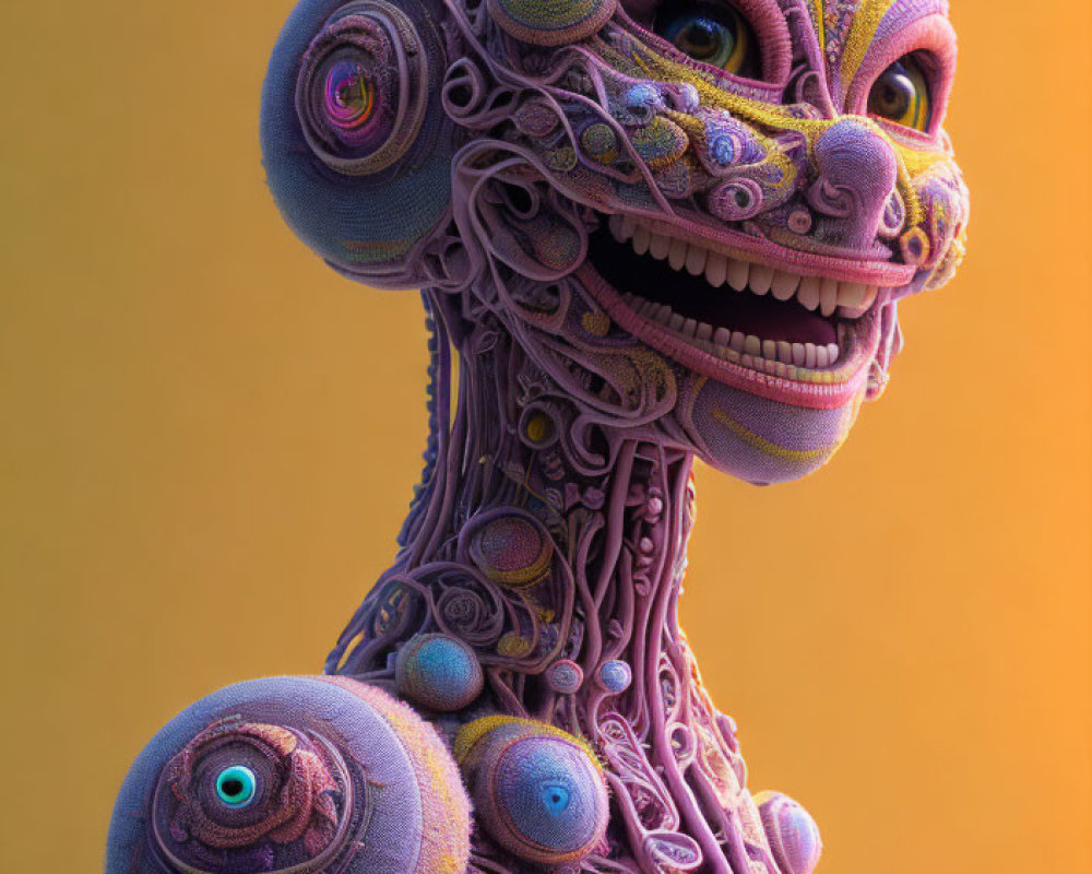 Colorful creature with multiple eyes and smiling face on dual-tone background