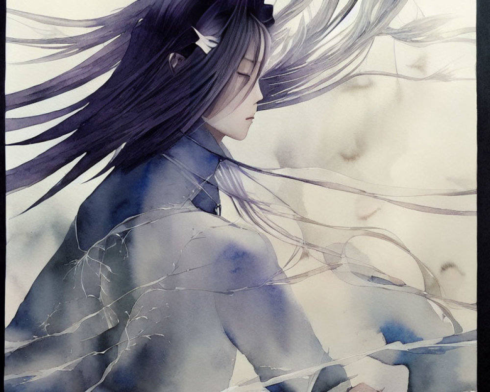 Anime-style illustration of person with long purple hair, somber expression, clad in blue, on water