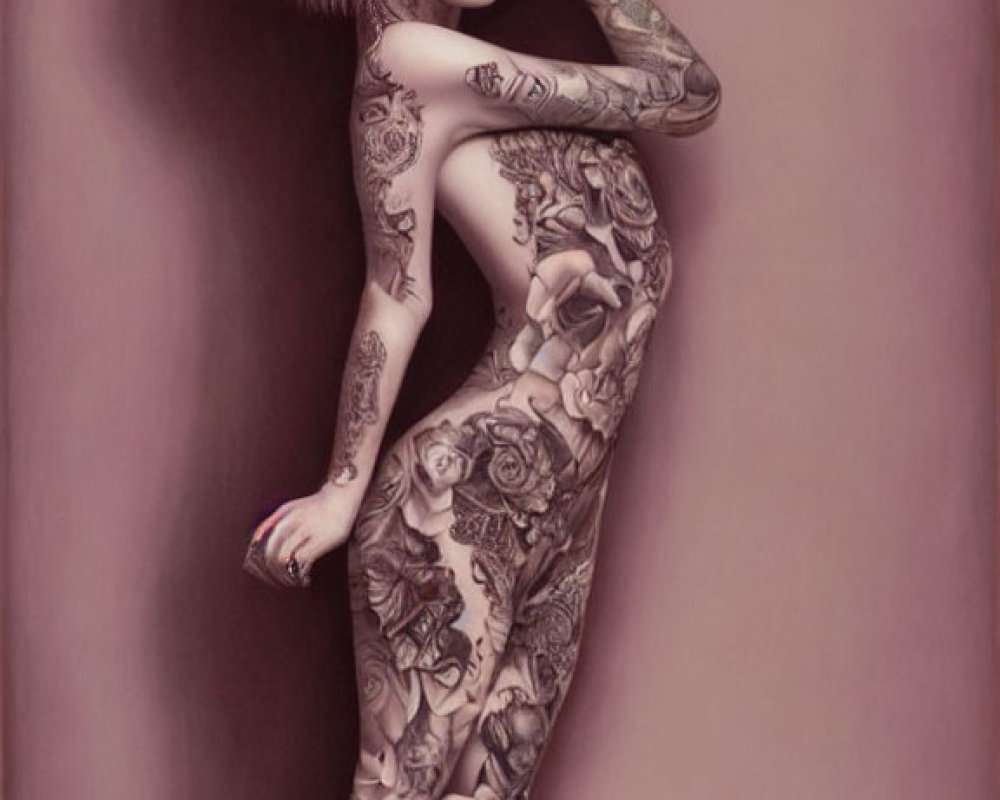 Stylized painting of tattooed woman with large eyes and ink bottles