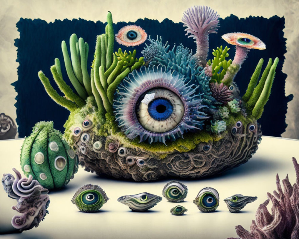 Surreal eye-themed organic shapes on pastel surface