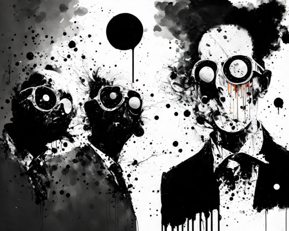 Abstract black and white faces with splattered paint details and a balloon