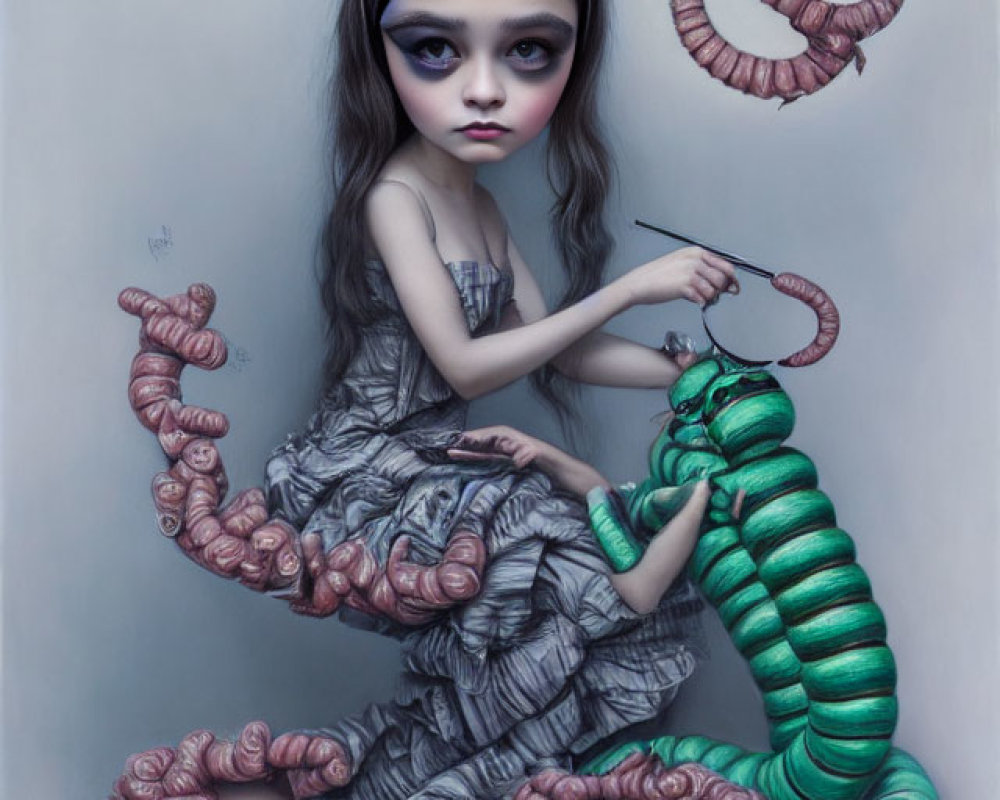 Gothic-style illustration: girl with large eyes, green snakes, needle in surreal, eerie setting