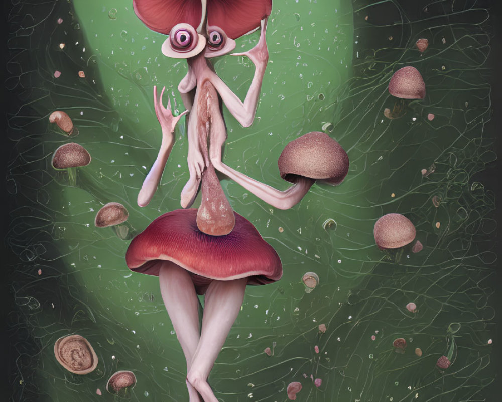 Surreal humanoid figure with mushroom features in green backdrop