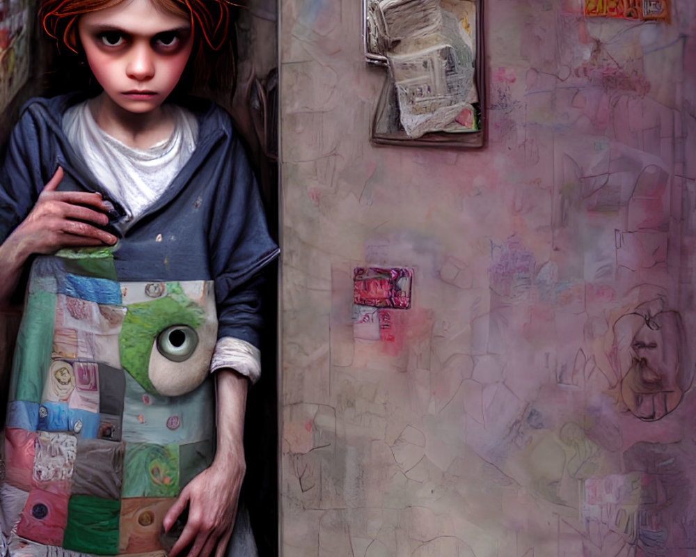 Illustration of young girl in graffiti alley with striking eyes.