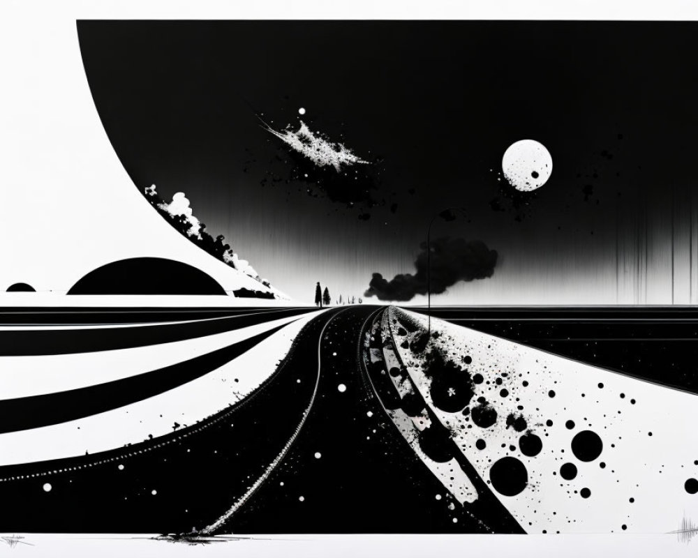 Monochrome abstract art featuring silhouetted figures, curved lines, celestial bodies, and a sm