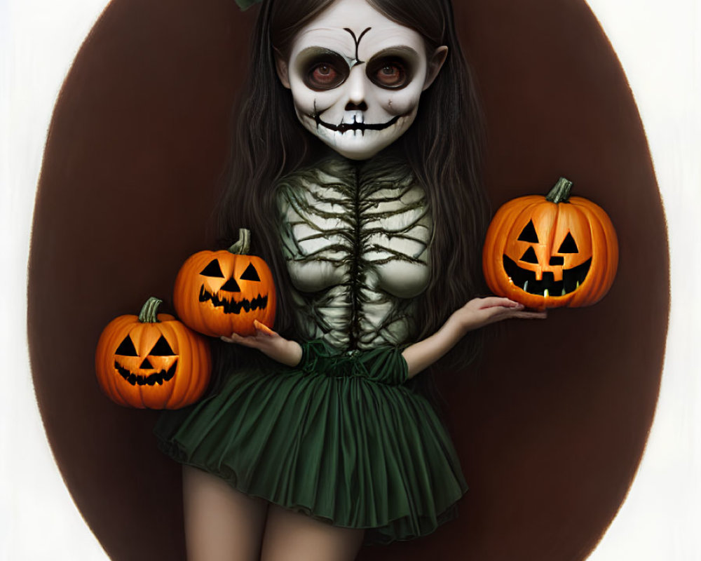 Gothic-style illustration of girl with skull face paint and jack-o'-lanterns in green