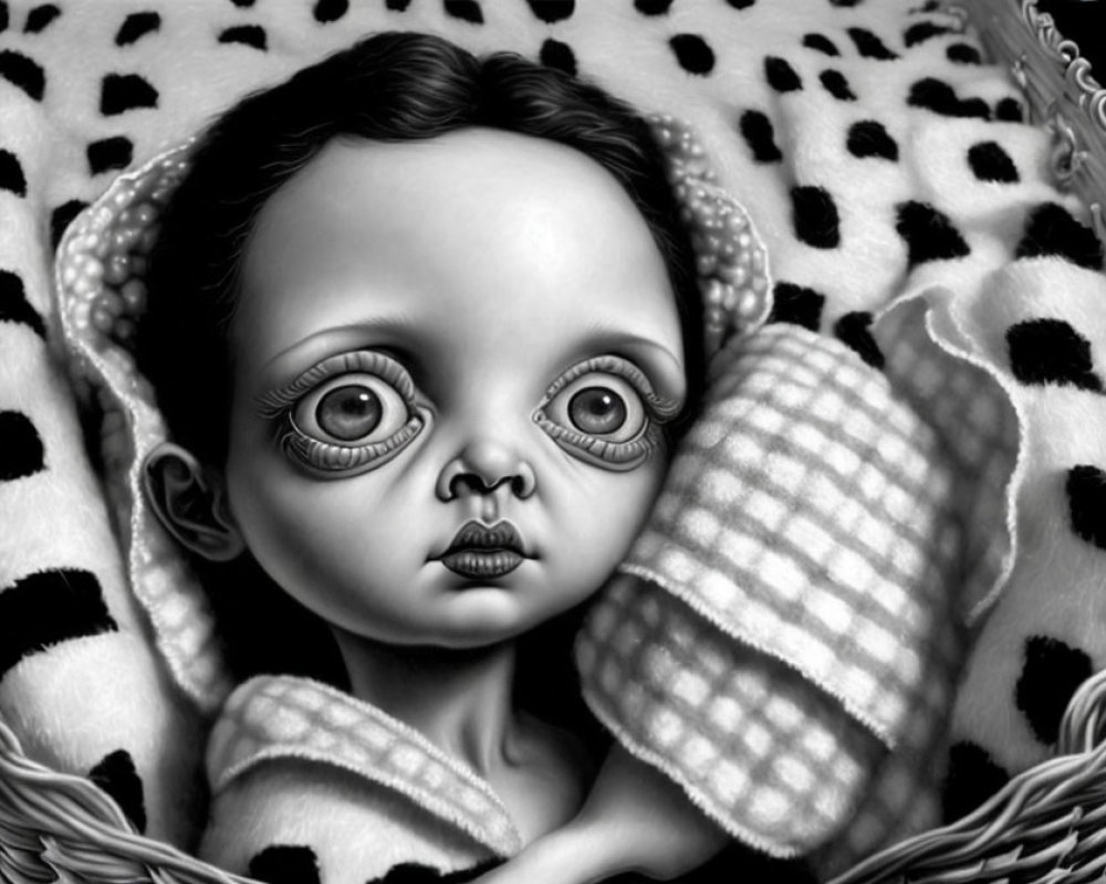 Monochromatic child illustration with four eyes and Dalmatian-patterned blanket