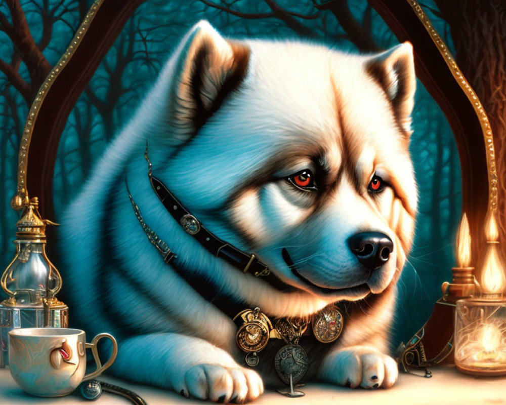 Illustration of husky with blue eyes in mystical forest setting with pocket watch, cup, and lantern