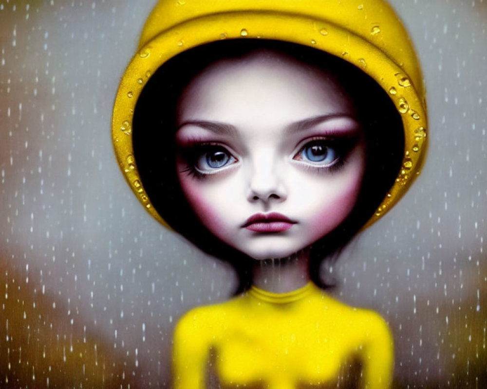 Stylized doll-like character with large eyes and yellow hood in rain-dappled effect