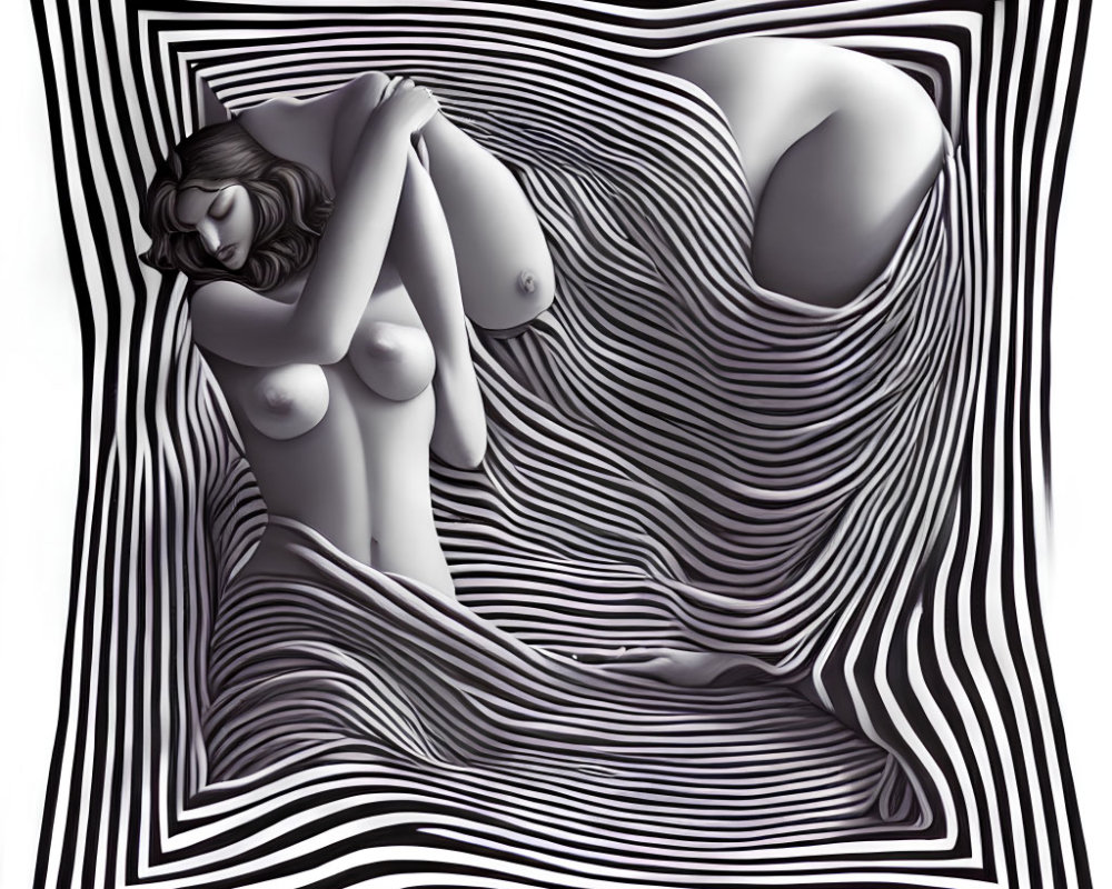 Monochrome stylized nude woman reclining in 3D optical illusion