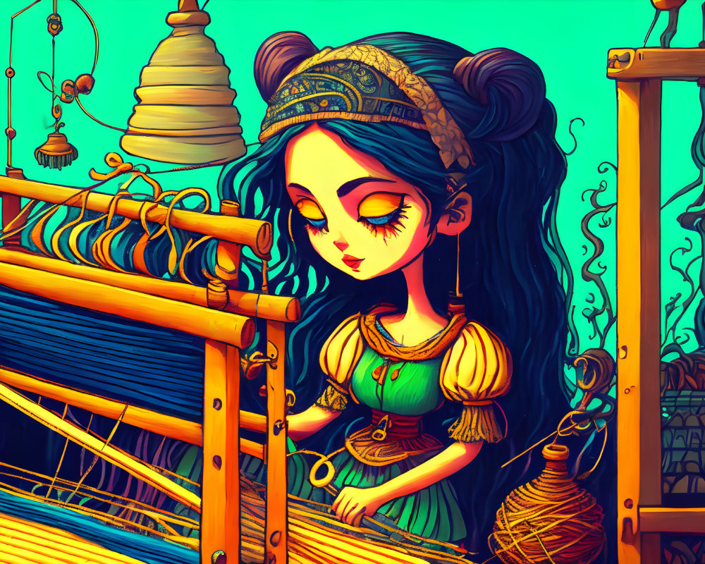 Detailed illustration of girl with dark hair weaving on colorful loom