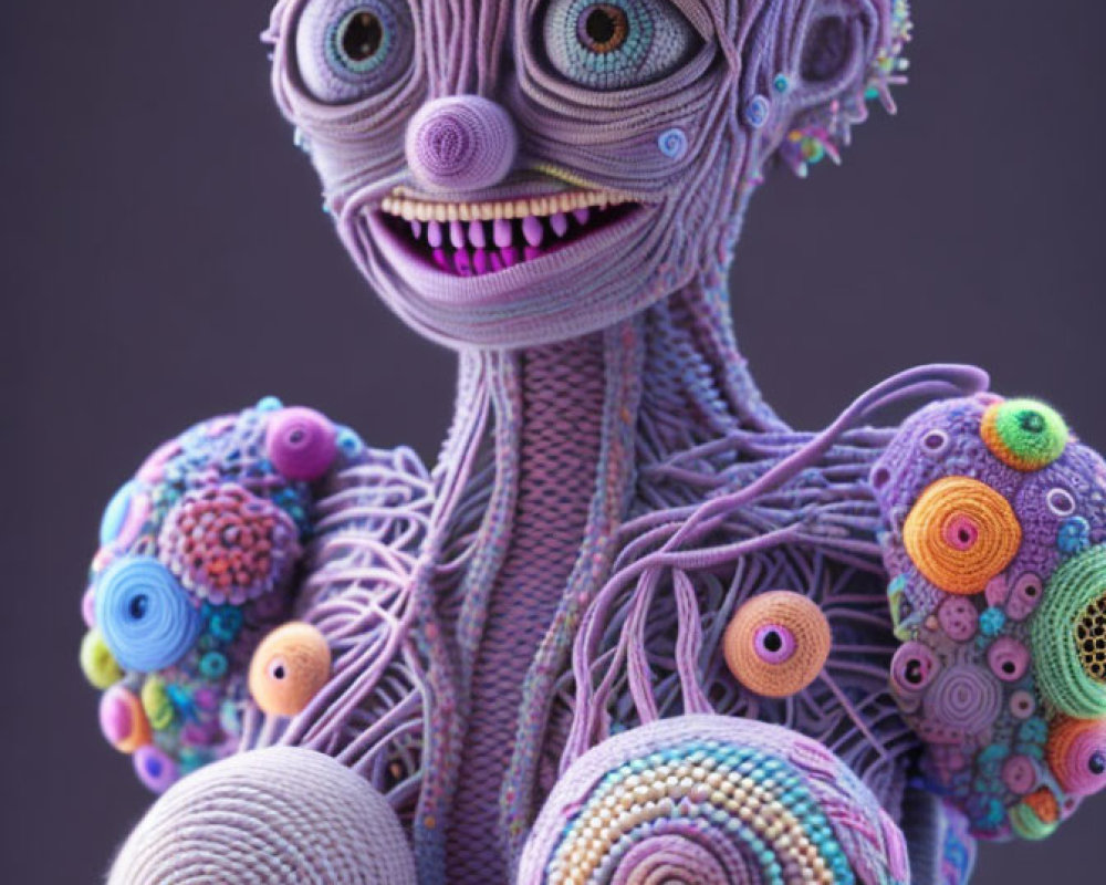 Colorful 3D character with spiral patterns and multiple eyes