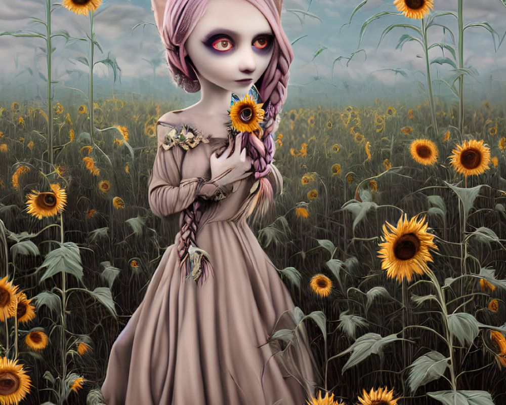 Character with cat-like face holding sunflower in sunflower field under cloudy sky