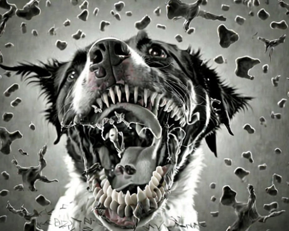 Surreal image: Dog with multiple rows of teeth and bone fragments on grey backdrop