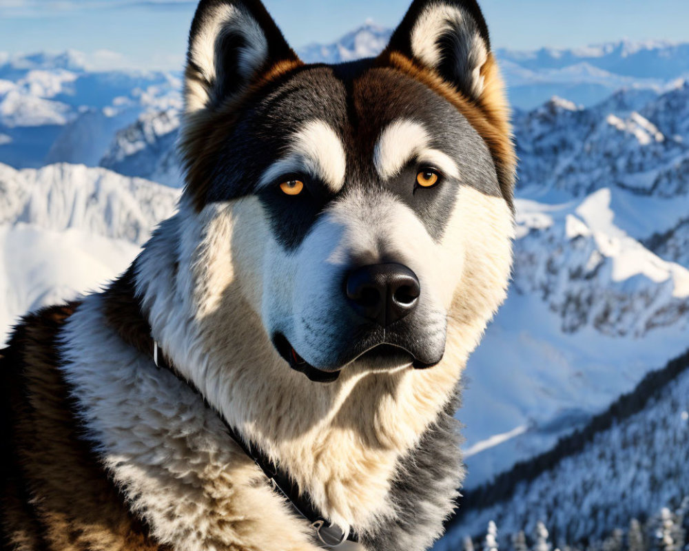 Bi-colored eyed Alaskan Malamute in snowy mountain scenery