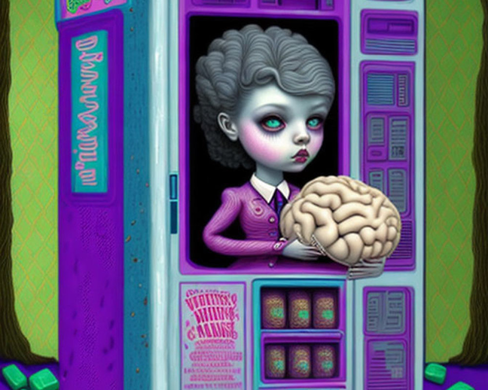 Surreal illustration: Purple vending machine, humanoid female with oversized brain, green cubes on wood grain