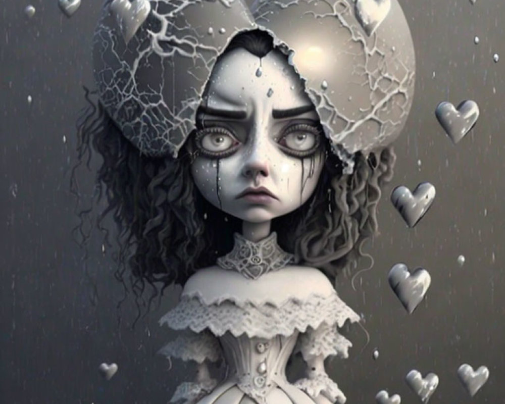 Surreal monochrome illustration of girl with cracked spherical ears and floating hearts