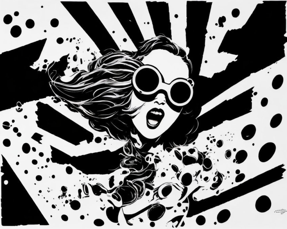 Monochrome graphic illustration of woman with sunglasses and flowing hair