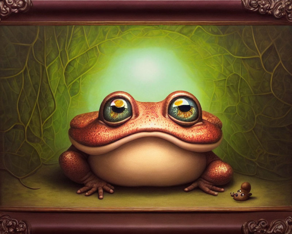 Whimsical illustration of large-eyed frog in ornate frame