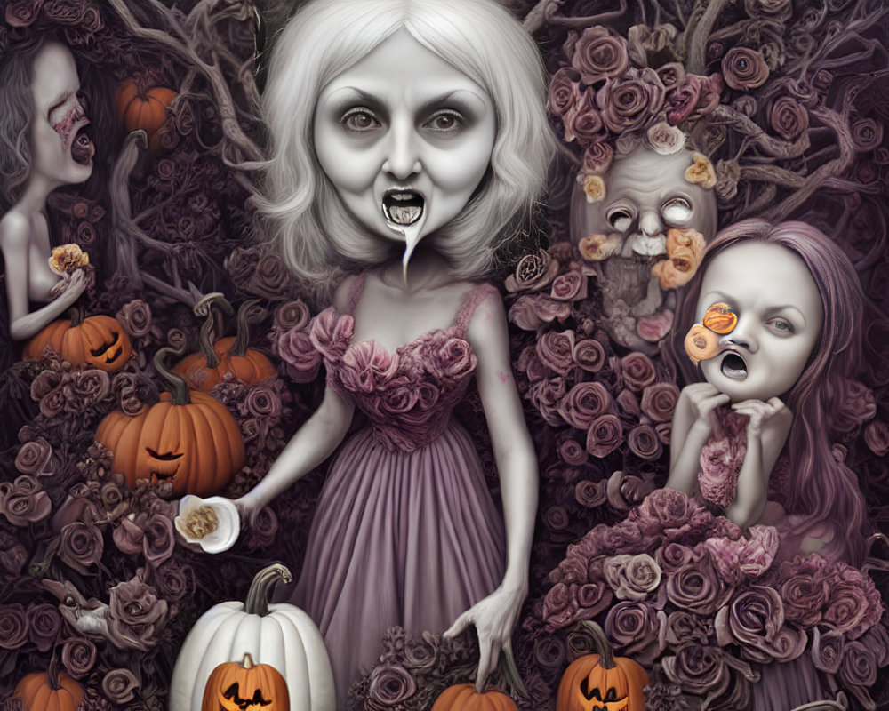 Surreal Gothic Image with Caricatured Figures and Pumpkins