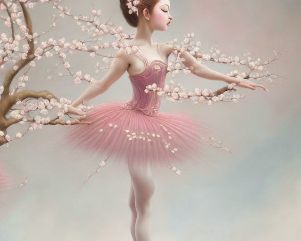 Ballerina in Pink Tutu Amidst Cherry Blossoms