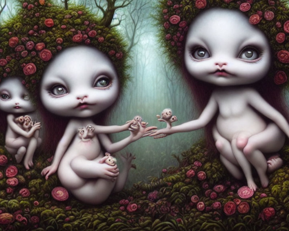 Surreal artwork: Three cat-like creatures with floral crowns in mystical forest