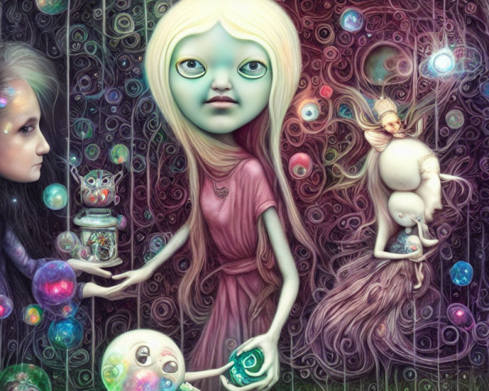 Fantasy illustration of green-skinned girl, winged creature, cat with jar & vibrant bubbles