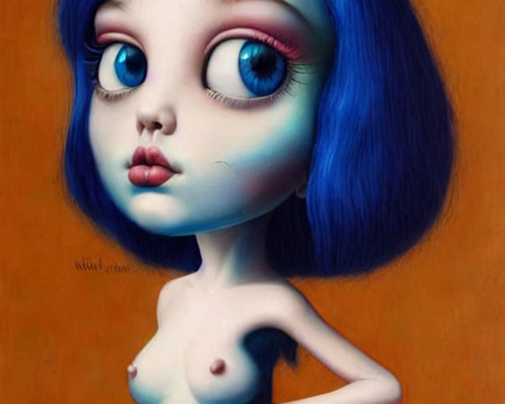 Stylized painting of female character with large eyes and blue hair