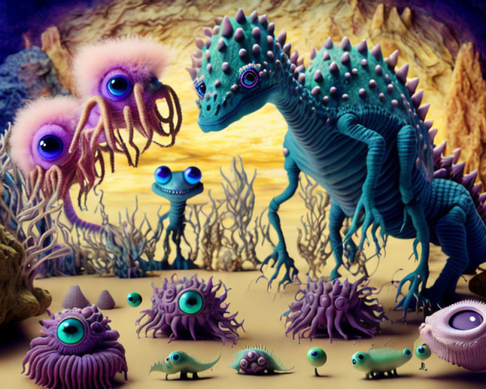 Vibrant surreal underwater scene with quirky marine creatures