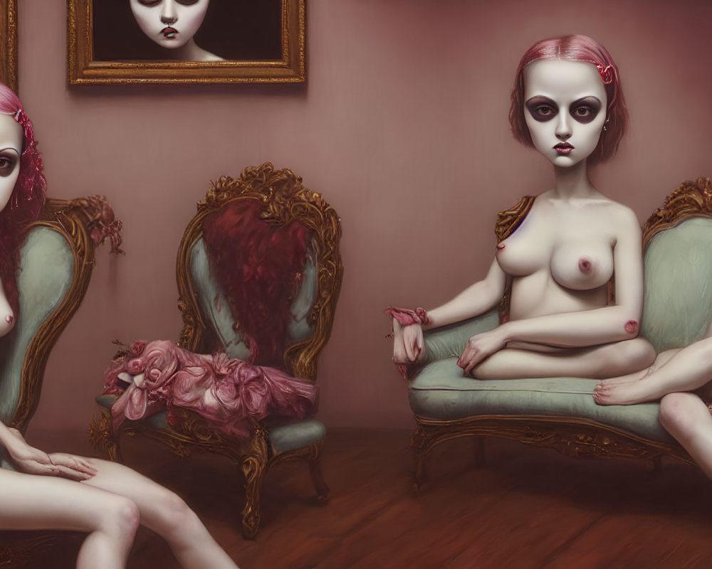 Surreal Artwork: Identical Pink-Haired Female Figures in Room with Enlarged Eyes