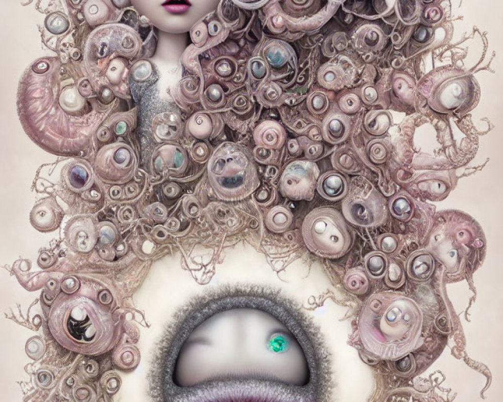 Surreal doll-like face with central eye, surrounded by tentacles and aquatic creatures in pastel