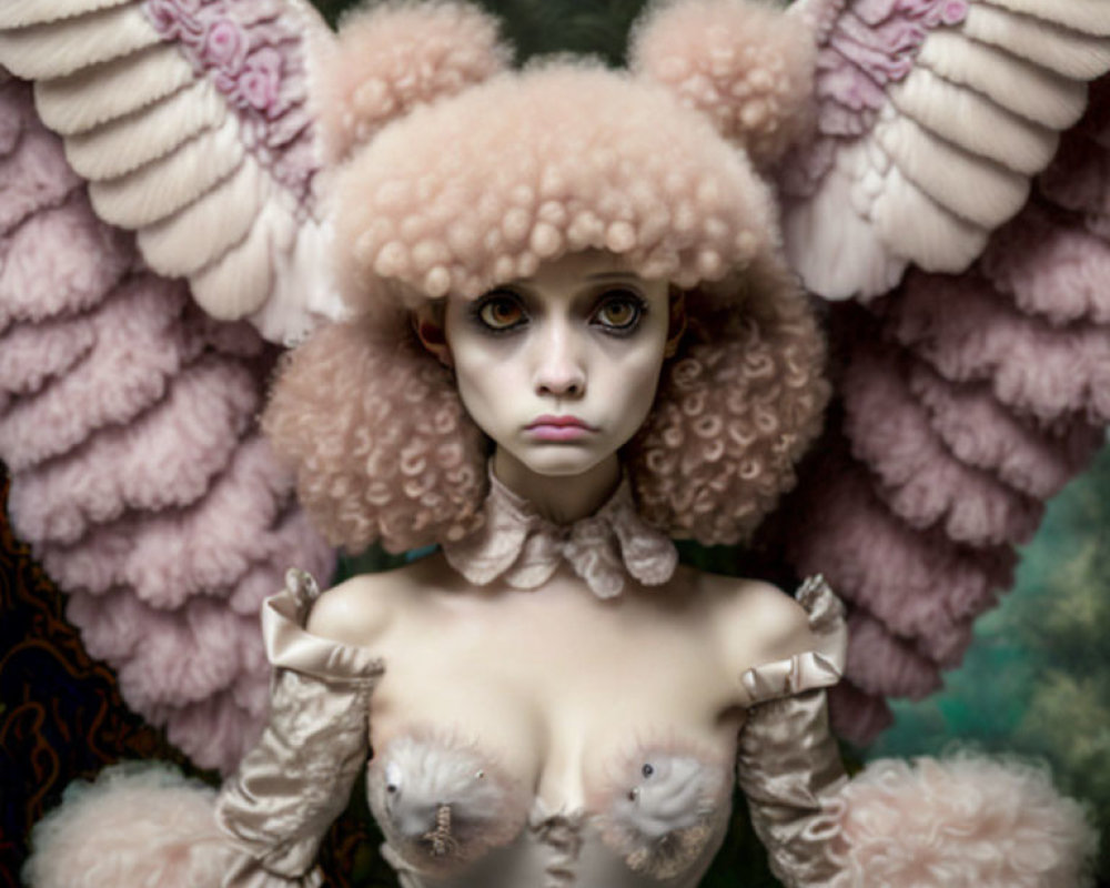 Surreal portrait of person with pale skin and elaborate costume