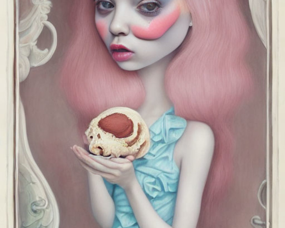 Surreal portrait of pale girl with pink hair and blue eyes holding pastry