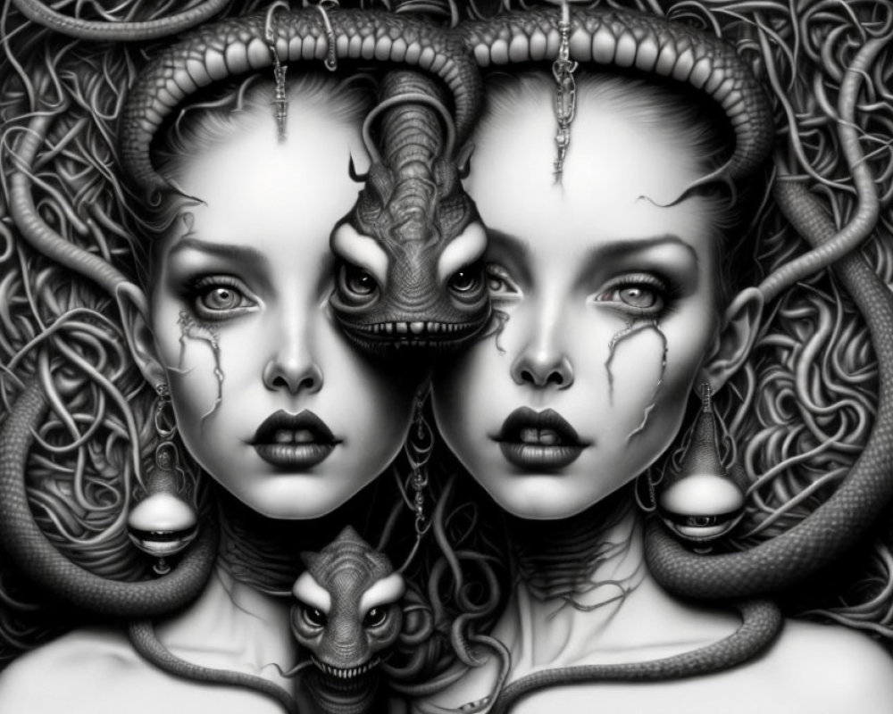 Grayscale fantasy illustration of symmetrical serpentine faces with two-headed dragon creature