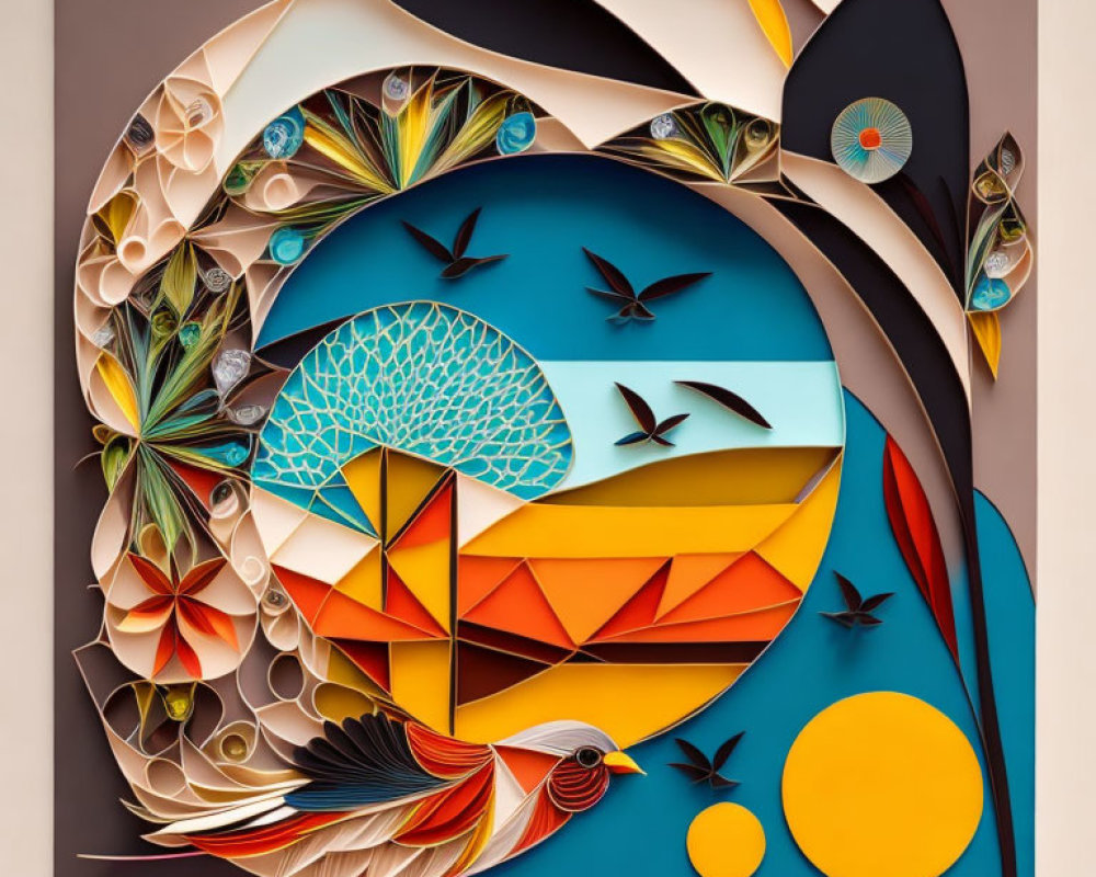 Vibrant Abstract Paper Art: Geometric Shapes, Birds, Fish, and Nature Forms