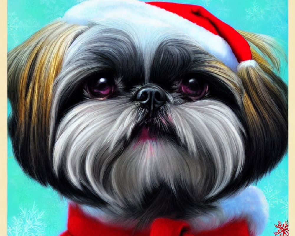 Fluffy Dog in Santa Hat and Red Scarf on Turquoise Snowflake Background