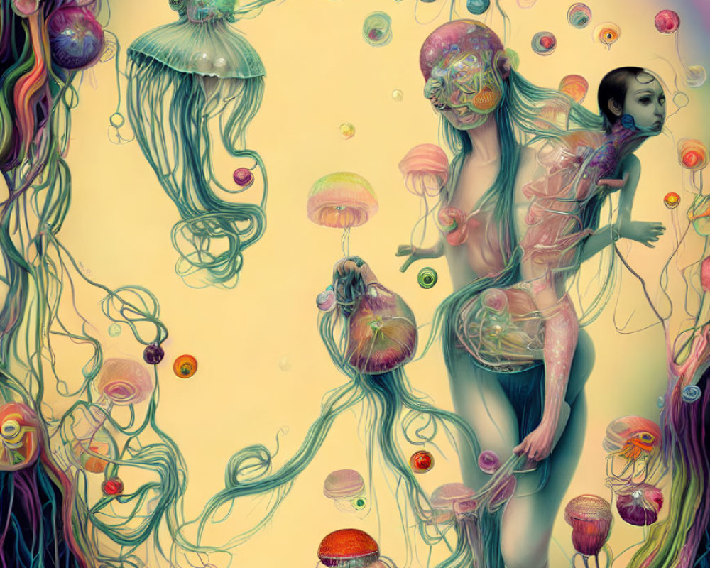 Surreal humanoid jellyfish figures in vibrant underwater scene