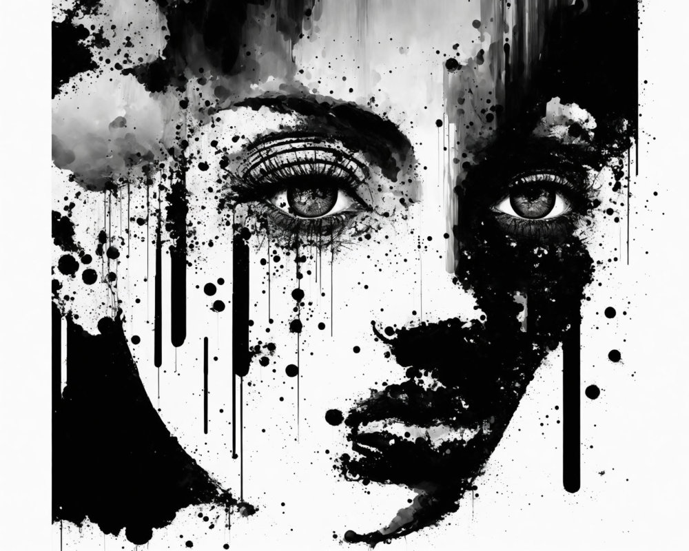 Monochrome abstract artwork: fragmented female face with clear and obscured eye