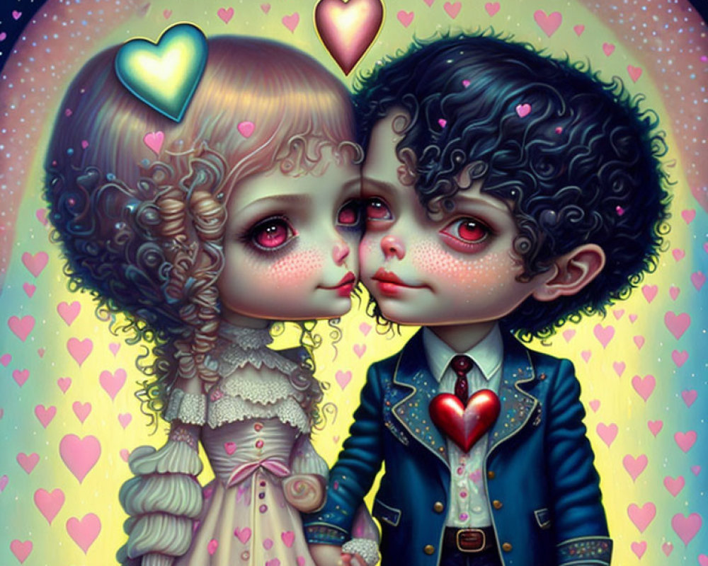 Stylized characters with large eyes and heart motifs holding hands amid colorful hearts