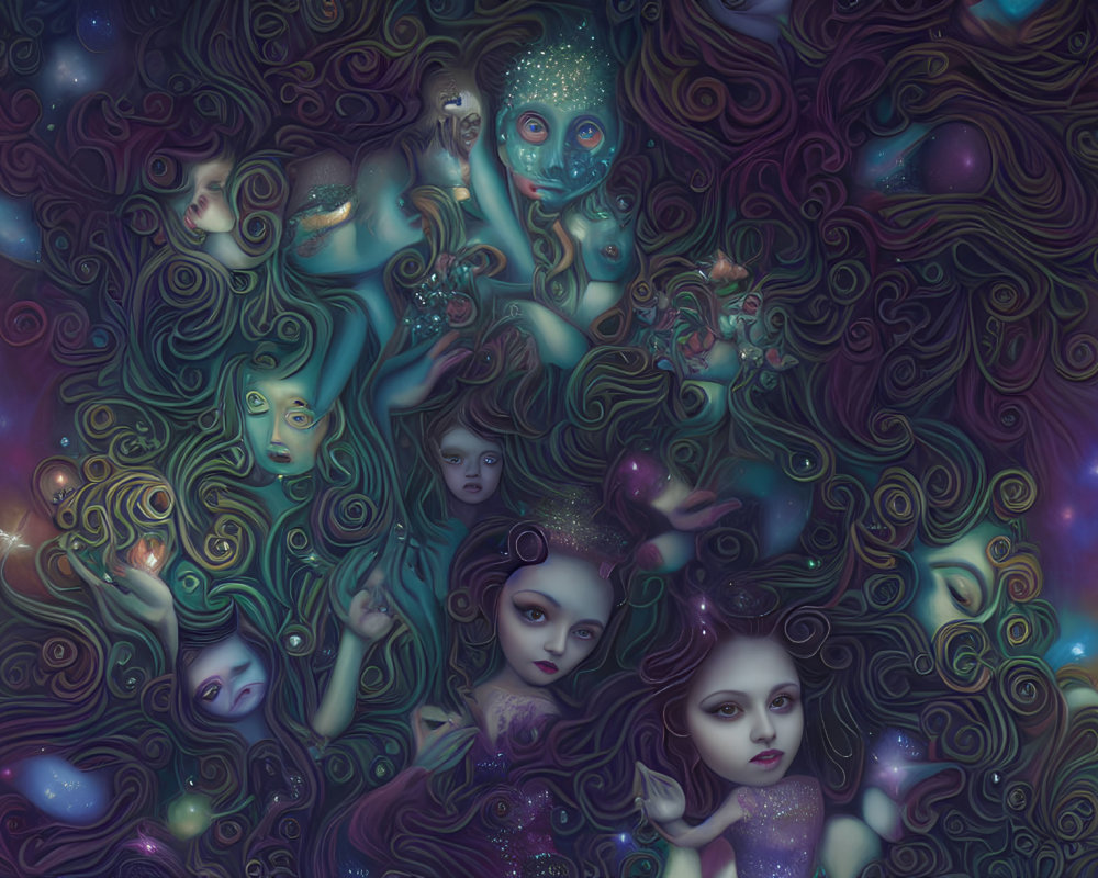 Mystical artwork with ethereal faces and cosmic elements on dark background