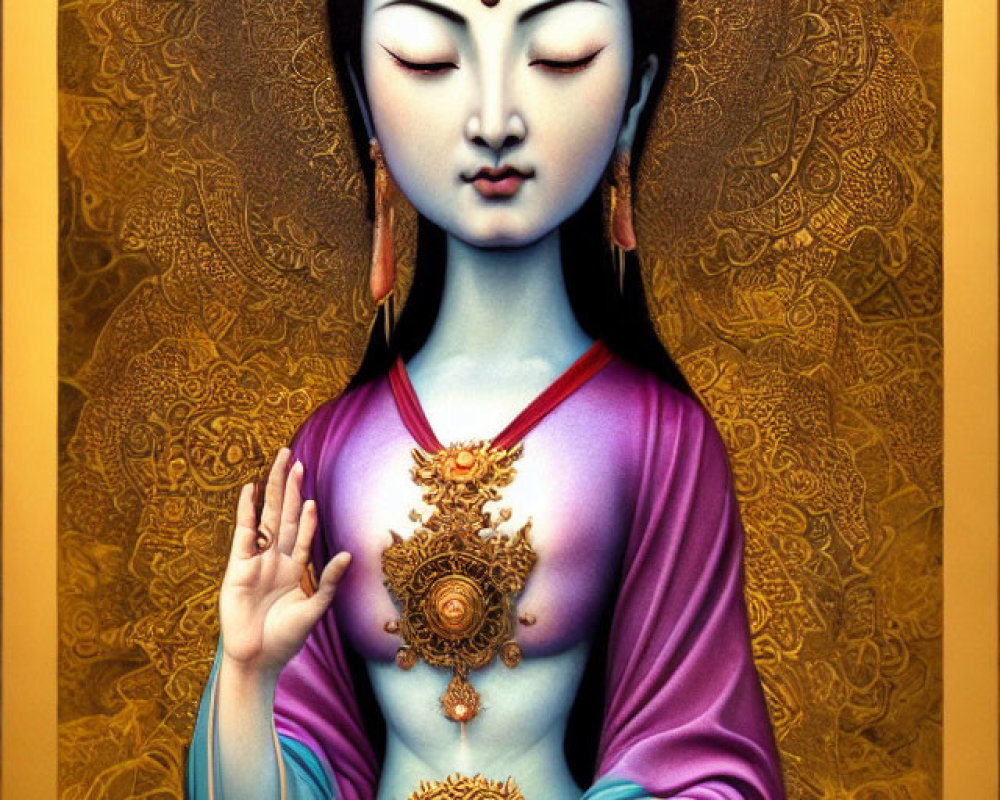 Serene blue deity with halo and golden jewelry on detailed golden background